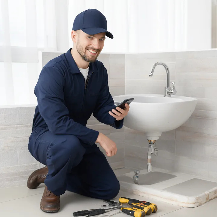 Plumber smiling at his phone after finishing a sink repair